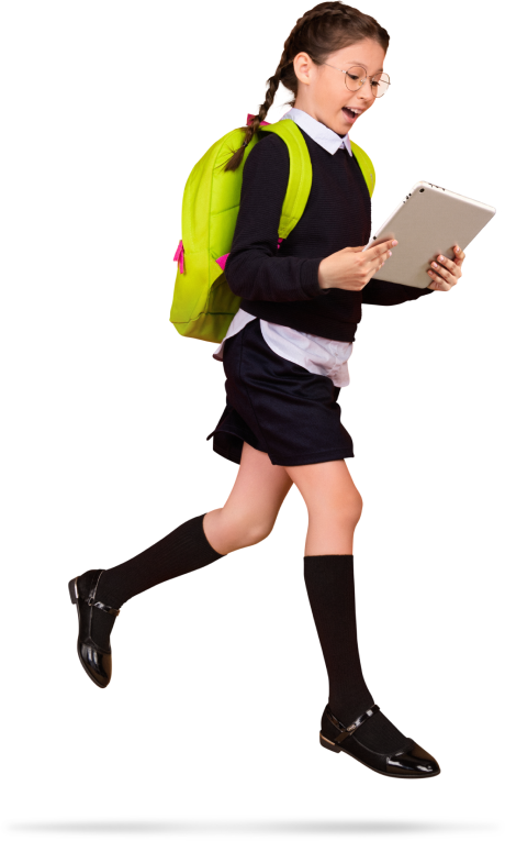 An amazed teacher on her laptop appears to levitate