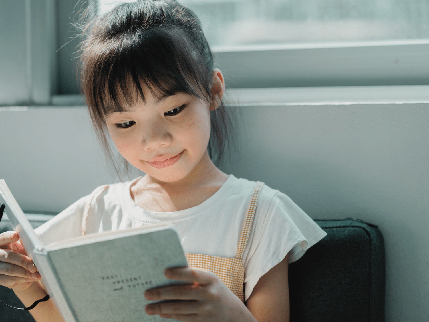 A child reading a book at home.