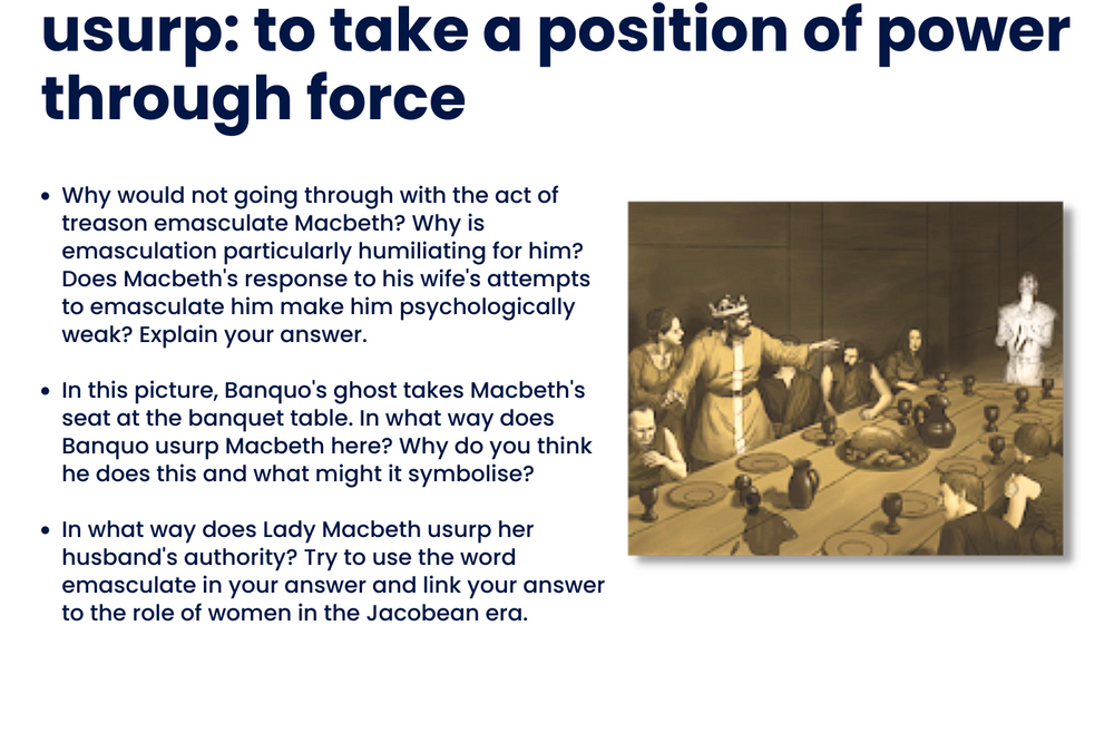 An example of a piece of vocabulary relating to Macbeth being explored through writing tasks and images.